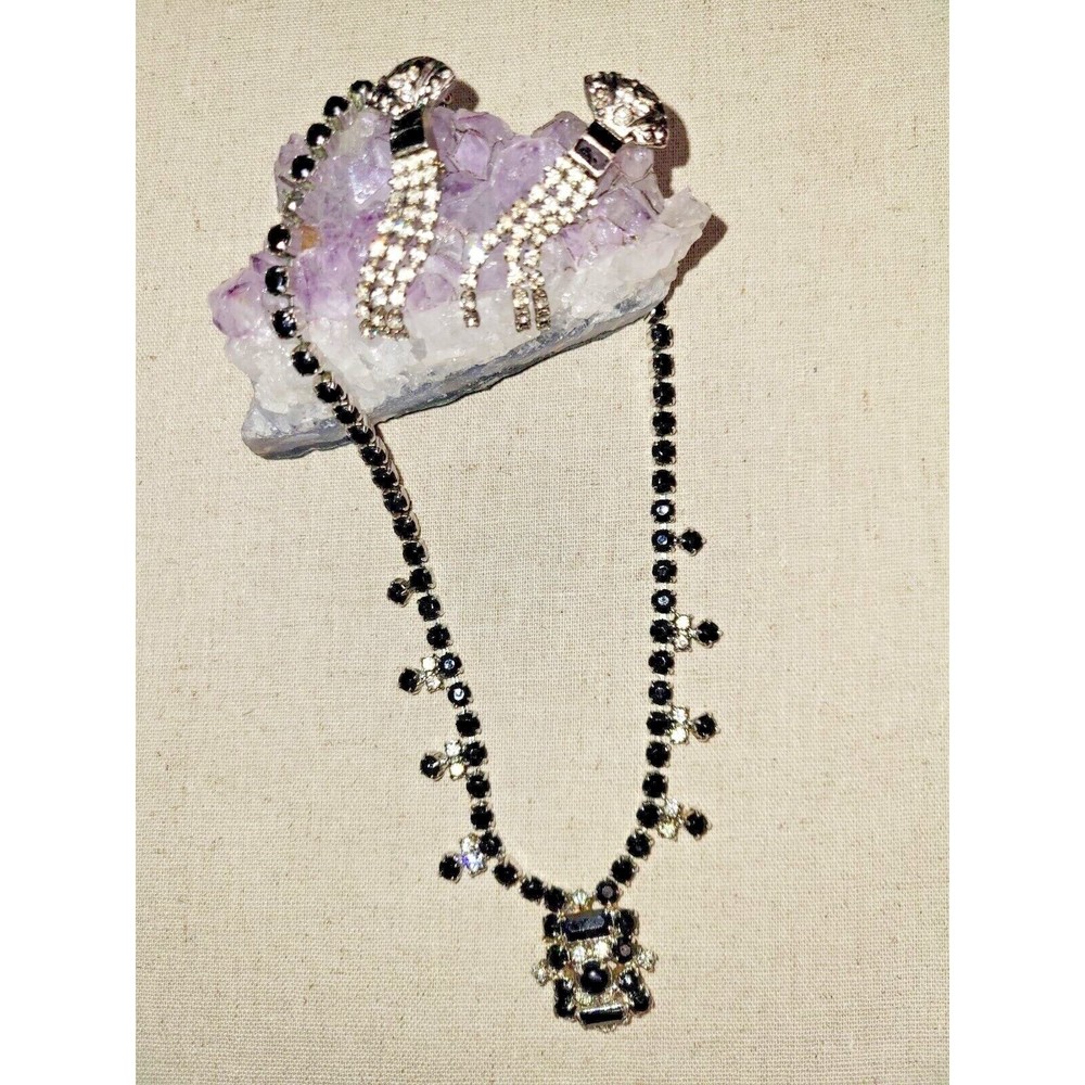 VTG Black & White Clear Rhinestone Necklace Pierced Earrings Set Prong Setting